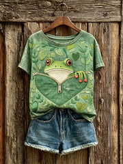 Damen-T-Shirt mit niedlichem Baumfröschchen und Blättern – Kunstdruck, Kurzarm