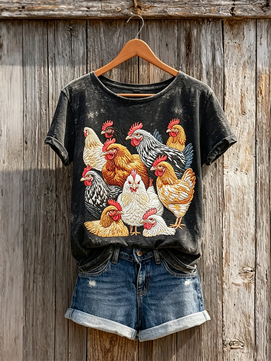 Damen Vintage Farm Hähnchen Familie Kunst Print Kurzarm T-Shirt
