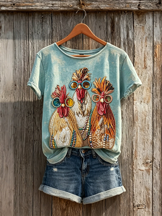 Damen-Kurzarm-T-Shirt mit Boho-Kleid für Hähnchen-Kunst-Print