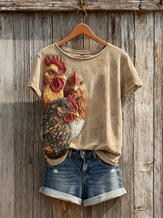 Damen Vintage Farm Peeking Chicken Print Kurzarm T-Shirt