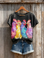Kurz ärmel iges Damen T-Shirt mit buntem Hahn Glitter Art Print