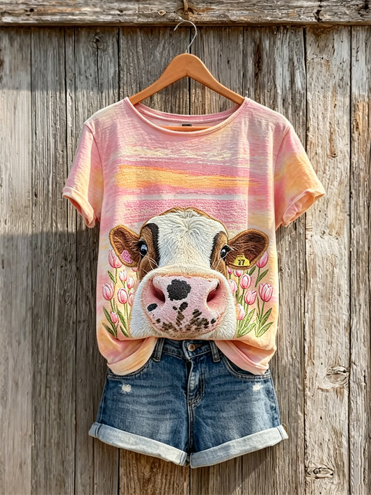 Frauen schöne Kuh Tulpen Feld Sonnen untergang Gegradienten Print kurz ärmel iges T-Shirt