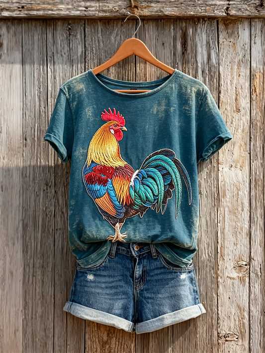 Kurz ärmel iges T-Shirt mit buntem Hahn-Kunstdruck für Damen