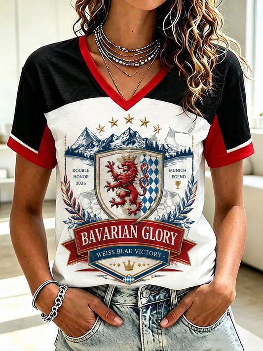 Damen-T-Shirt mit V-Ausschnitt und deutschem bayerischem Glanz-Print