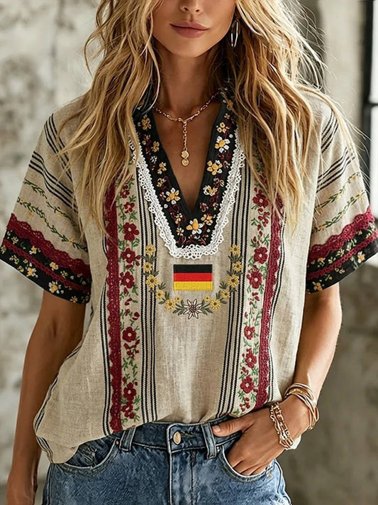 Damen-Boho-T-Shirt mit deutschem Blumenmuster, mittellange Ärmel und V-Ausschnitt
