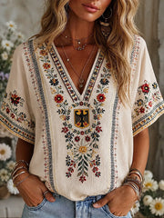 Damen-Boho-T-Shirt mit deutschem Blumenmuster, mittellange Ärmel und V-Ausschnitt