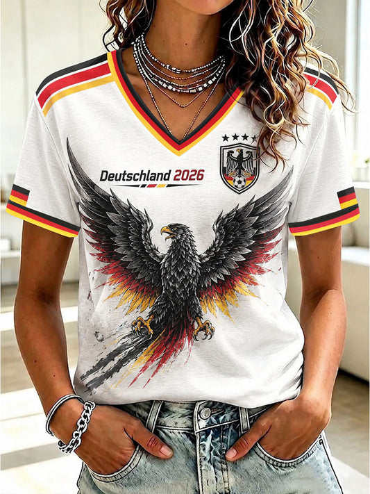 Damen-Fußball-T-Shirt aus Deutschland mit V-Ausschnitt und Aufdruck