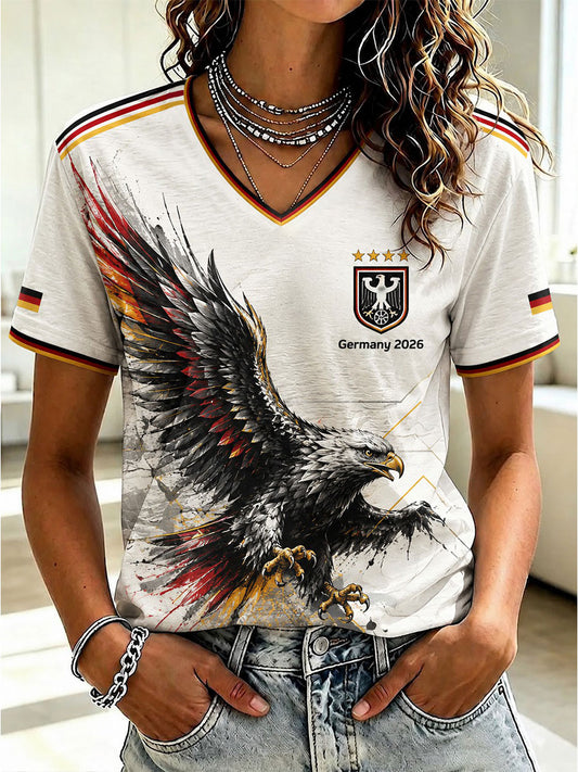 Damen-Fußball-T-Shirt aus Deutschland mit V-Ausschnitt und Aufdruck