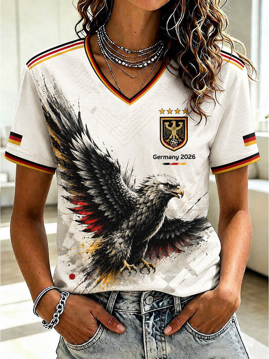 Damen-Fußball-T-Shirt aus Deutschland mit V-Ausschnitt und Aufdruck