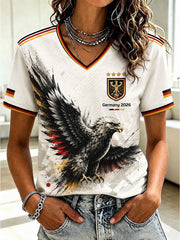 Damen-Fußball-T-Shirt aus Deutschland mit V-Ausschnitt und Aufdruck