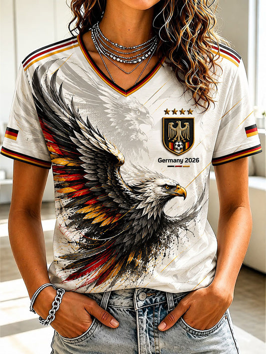 Damen-Fußball-T-Shirt aus Deutschland mit V-Ausschnitt und Aufdruck