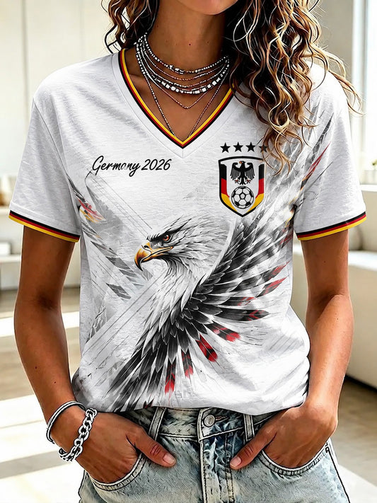 Damen-Fußball-T-Shirt aus Deutschland mit V-Ausschnitt und Aufdruck