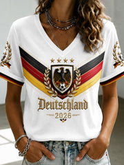 Damen-Fußballfan-T-Shirt mit Deutschland-Print und V-Ausschnitt