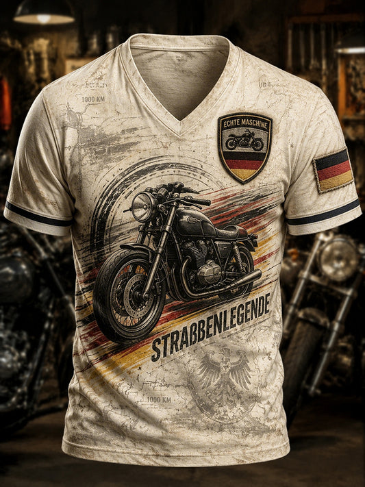 Herren-Vintage-T-Shirt im Biker-Stil mit V-Ausschnitt, deutsche Optik