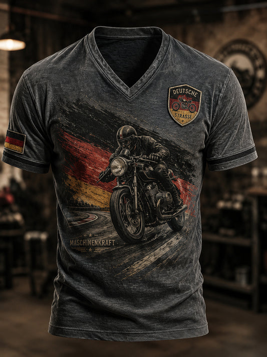 Herren-Vintage-T-Shirt im Biker-Stil mit V-Ausschnitt, deutsche Optik