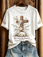 Frauen Der Herr ist mein Hirten Schaf & Blumen Kreuz Print Kurzarm T-Shirt