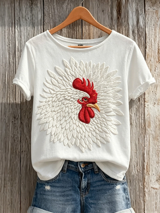 Frauen Bauernhof Weißer Hahn Kunstdruck Kurzarm T-Shirt