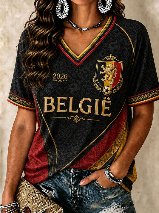 Frauen Belgien Fußball T-Shirt mit V-Ausschnitt
