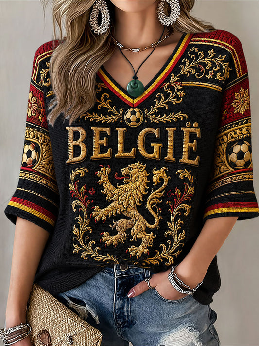 Frauen Belgien Fußball Mittellänge Ärmel V-Ausschnitt T-Shirt