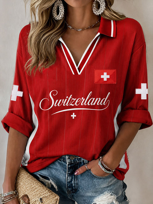 Damen-T-Shirt aus der Schweiz mit mittellangen Ärmeln und V-Ausschnitt