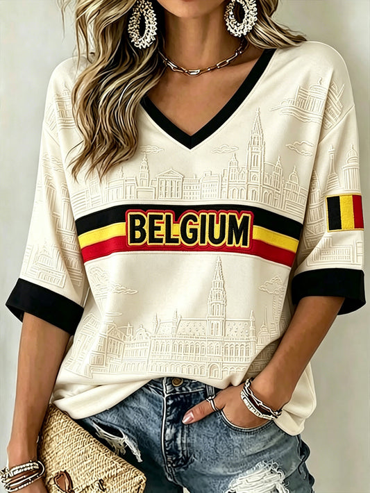 Frauen im belgischen Stil Gedenk-lässige mittellange Ärmel mit V-Ausschnitt T-Shirt