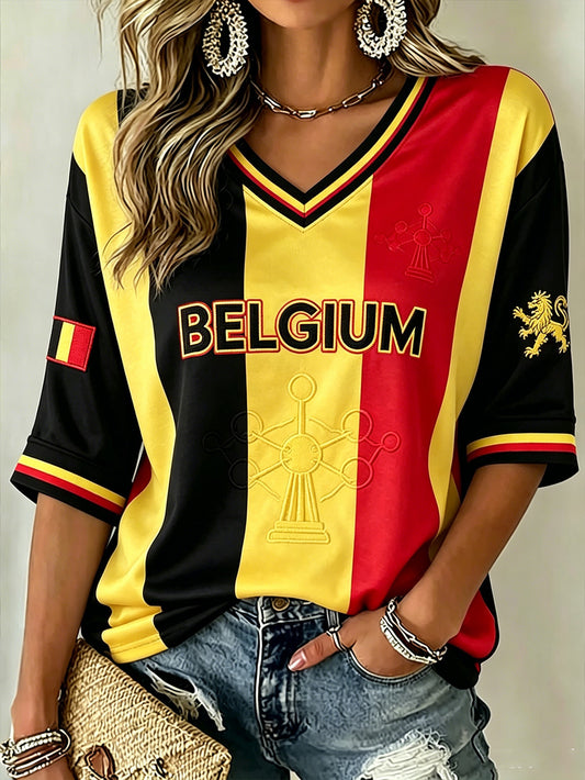 Damen-T-Shirt im belgischen Stil, lässig, mittellang, mit Ärmeln und V-Ausschnitt, zur Erinnerung