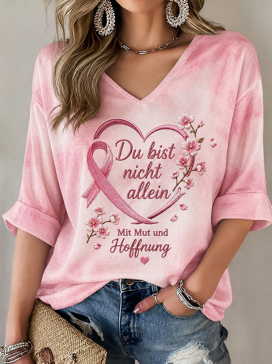 Damen-T-Shirt zum Brustkrebsbewusstsein mit Print, mittellangen Ärmeln und V-Ausschnitt