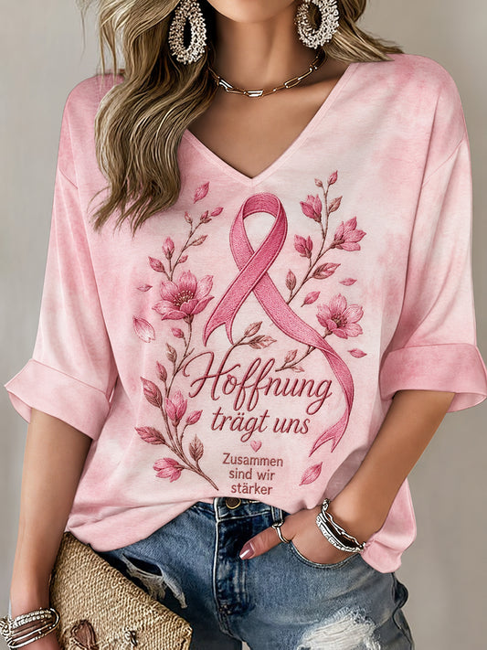 Damen-T-Shirt zum Brustkrebsbewusstsein mit Print, mittellangen Ärmeln und V-Ausschnitt