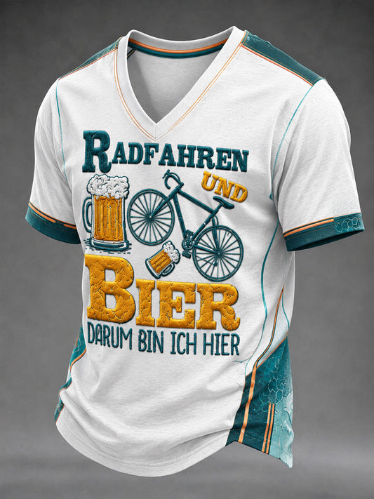 Herren-RADFAHREN-UND-BIER-DARUM-BIN-ICH-HIER-V-Ausschnitt-T-Shirt