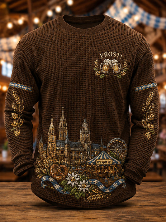 Herren-Oktoberfest Prost! Bedrucktes, lässiges Waffelpiqué-Longsleeve