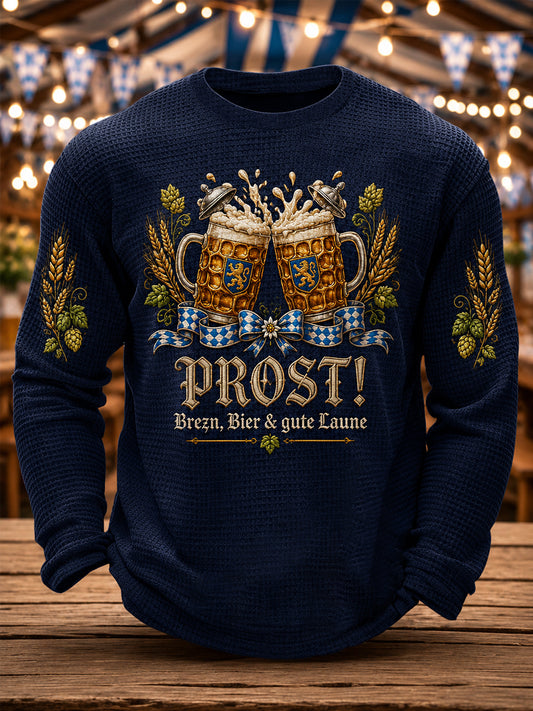 Herren-Oktoberfest Prost! Bedrucktes, lässiges Waffelpiqué-Longsleeve