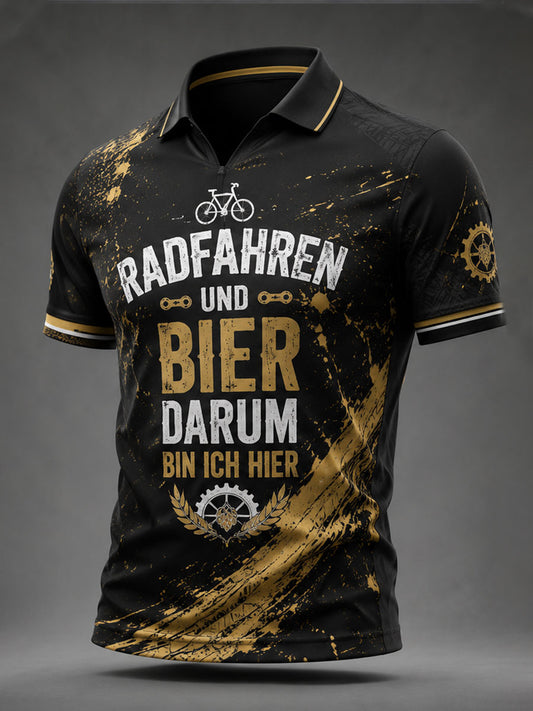 Herren RADFAHREN UND BIER DARUM BIN ICH HIER Reißverschluss-Shortsleeve