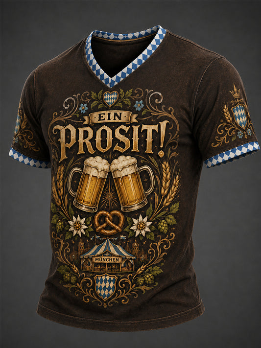 Herren-Oktoberfest Prost! Bedrucktes Freizeit-T-Shirt mit V-Ausschnitt