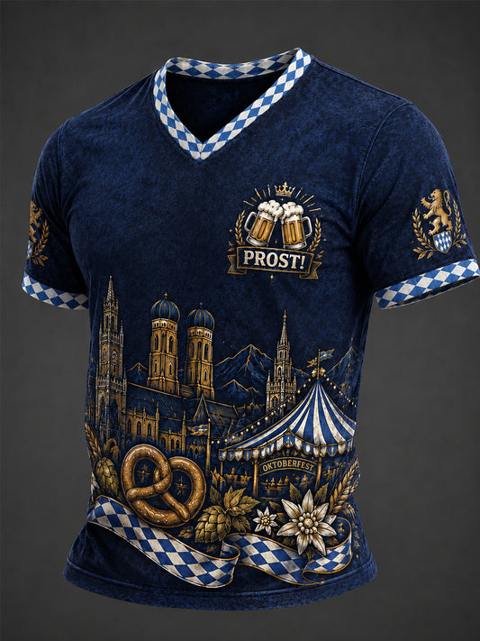 Herren-Oktoberfest Prost! Bedrucktes Freizeit-T-Shirt mit V-Ausschnitt