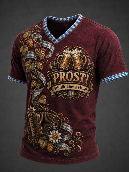 Herren-Oktoberfest Prost! Bedrucktes Freizeit-T-Shirt mit V-Ausschnitt