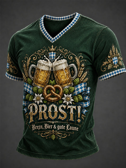 Herren-Oktoberfest Prost! Bedrucktes Freizeit-T-Shirt mit V-Ausschnitt