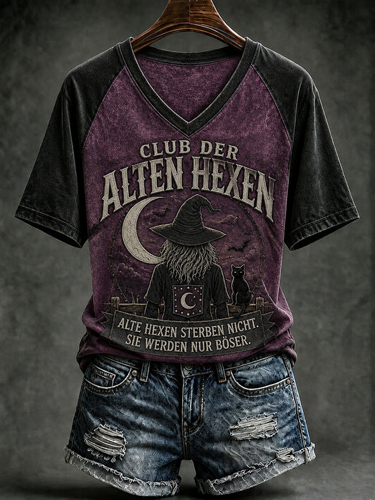 Frauen-T-Shirt mit witzigem Halloween-Print und V-Ausschnitt