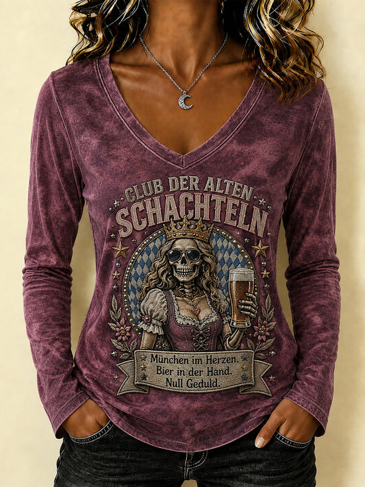 Frauen-Funny-Oktoberfest-Print T-Shirt mit V-Ausschnitt und langen Ärmeln