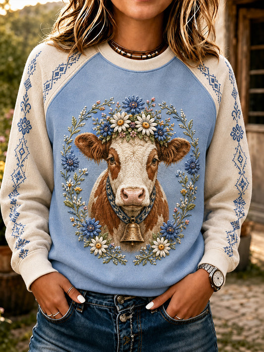 Damen-Sweatshirt im Cottagecore-Stil mit Blumen- und Kuhmuster
