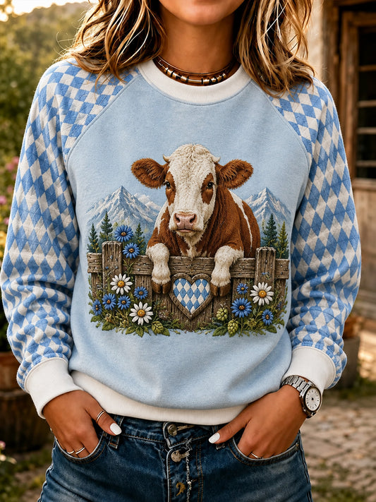 Damen-Sweatshirt im Cottagecore-Stil mit Blumen- und Kuhmuster