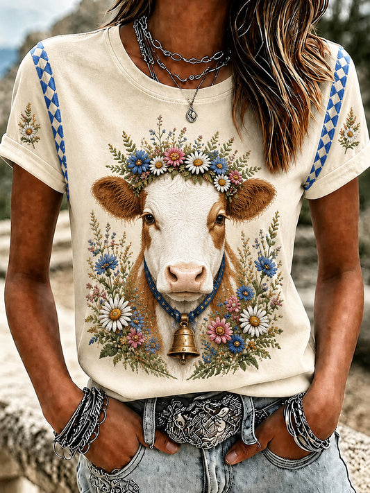 Damen-Floral-Cottagecore-Kuhmuster-Kurzarm-T-Shirt