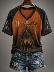 Damen-Halloween-T-Shirt mit Hexen-Print und V-Ausschnitt