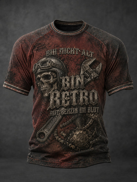Herren-T-Shirt mit Aufdruck: BIN NICHT ALT, BIN RETRO MIT BENZIN IM BLUT