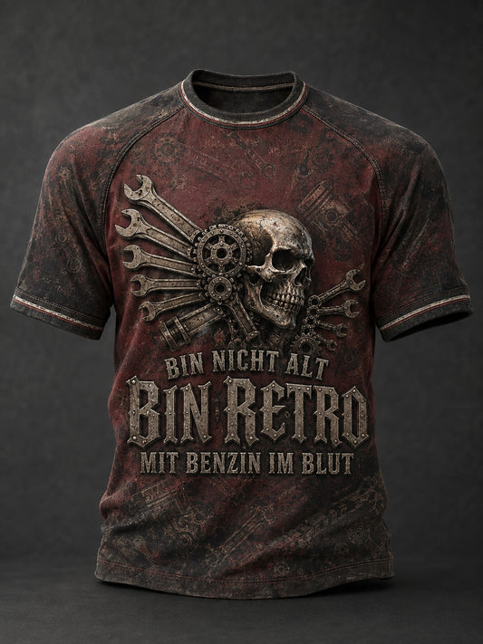 Herren-T-Shirt mit Aufdruck: BIN NICHT ALT, BIN RETRO MIT BENZIN IM BLUT