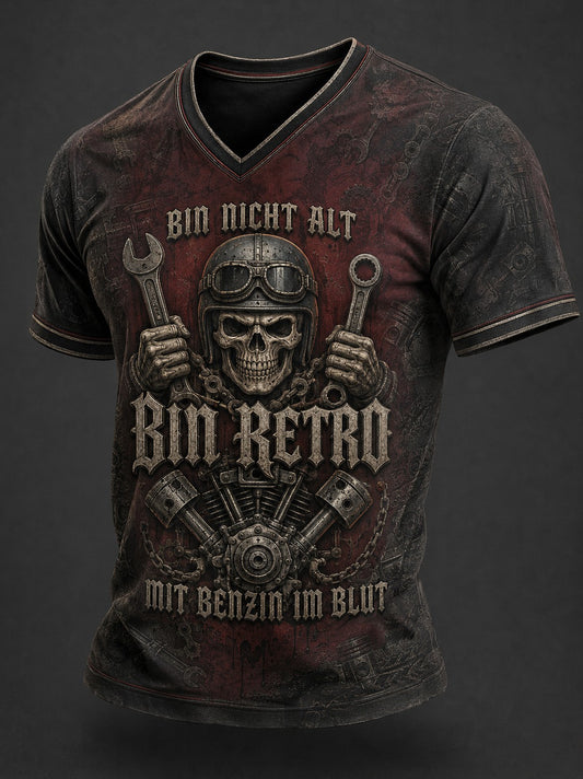 Herren-BIN NICHT ALT BIN RETRO MIT BENZIN IM BLUT bedrucktes V-Ausschnitt-T-Shirt