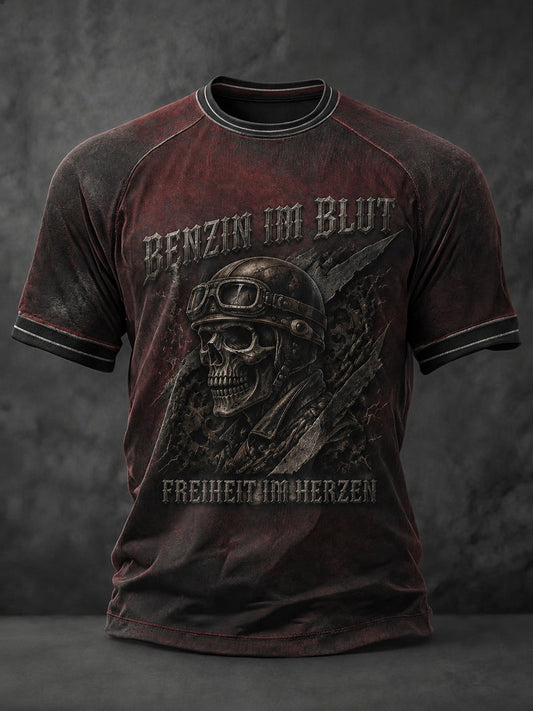 Herren-T-Shirt mit Aufdruck „BENZIN IM BLUT FREIHEIT IM HERZEN“
