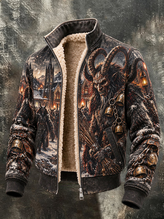 Herren-Krampusnacht-Print-Fleecejacke aus Mischgewebe